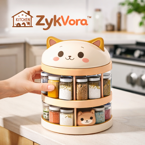 ZykVora™ Cat Ear Rotating Spice Rack Organizer – 360° Kitchen Counter Seasoning Storage with Cute Spice Containers