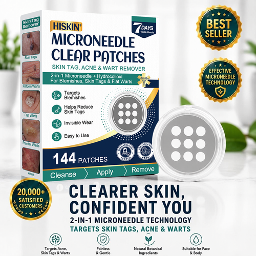 ✨✨Hiskin ® 2-in-1 Microneedle & Hydrocolloid Patch🍀 | Removes raised moles, acne, flat warts, and skin tags | Helps improve wrinkles, scars, and blemishes | Invisible patches for face and body