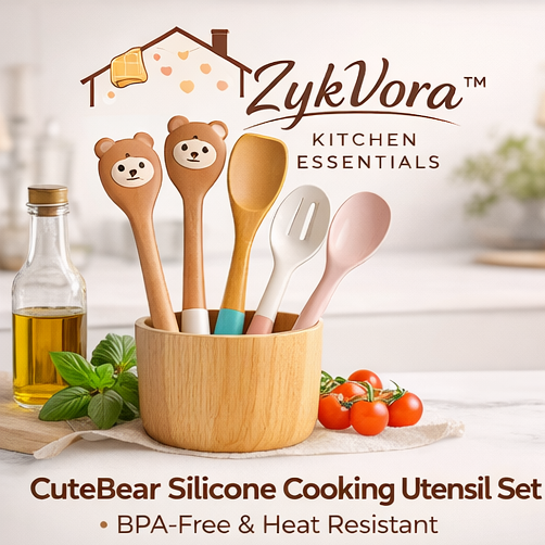 ZykVora™ CuteBear Silicone Cooking Utensil Set – Non-Stick Heat Resistant Kitchen Spatula & Spoon Set | BPA-Free Cooking Tools for Home Kitchen