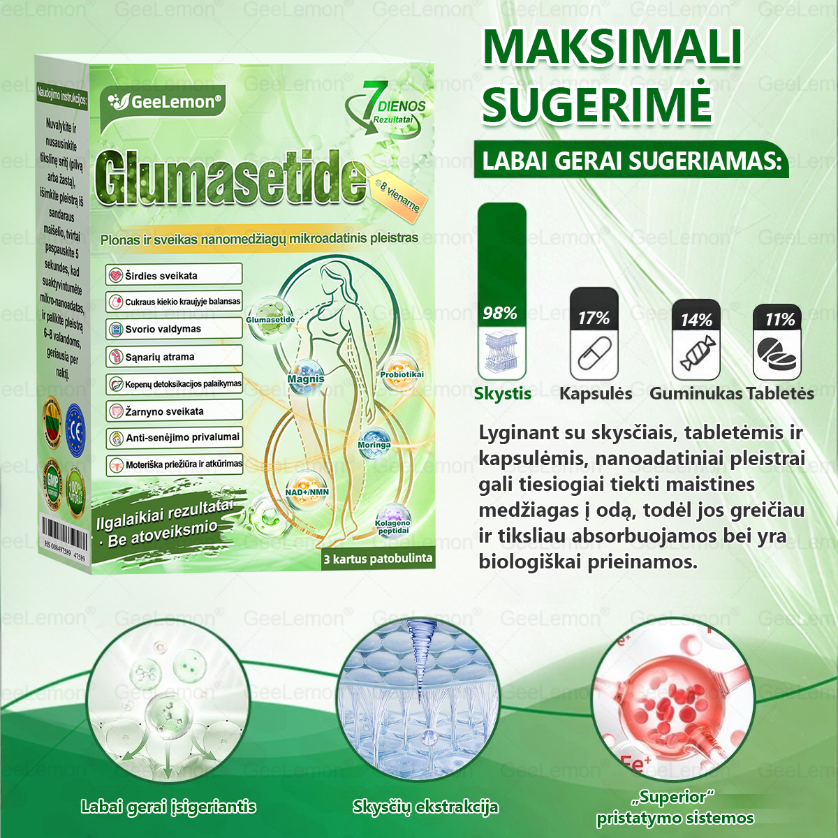 👩‍⚕️ Oficiali „Eurovaistinė“ vaistinė🎁 𝐆𝐞𝑒𝐿𝑒𝐦𝐨𝐧® 𝐆𝐥𝐮𝐦𝐚𝐬𝐞𝐭𝐢𝐝𝐞 8 viename Liekninantis ir sveikatinantis nano pleistras su mikroadatomis 🇱🇹 (Tik kartą per dieną, matomi pokyčiai jau per 7 dienas)  ✅