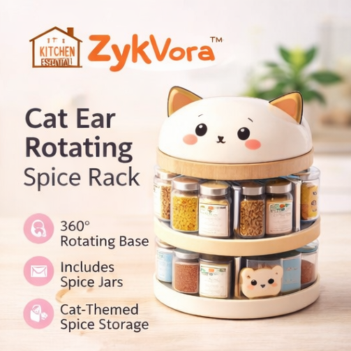 ZykVora™ Cat Ear Rotating Spice Rack Organizer – 360° Kitchen Counter Seasoning Storage with Cute Spice Containers