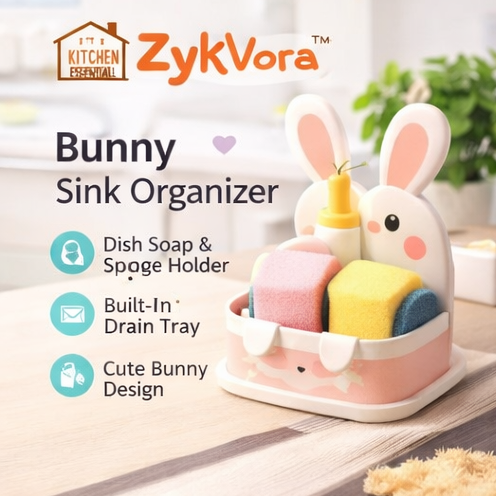 ZykVora™ Bunny Kitchen Sink Organizer Caddy – Cute Dish Soap Holder with Sponge Storage & Drain Tray