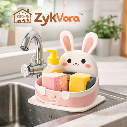 ZykVora™ Bunny Kitchen Sink Organizer Caddy – Cute Dish Soap Holder with Sponge Storage & Drain Tray