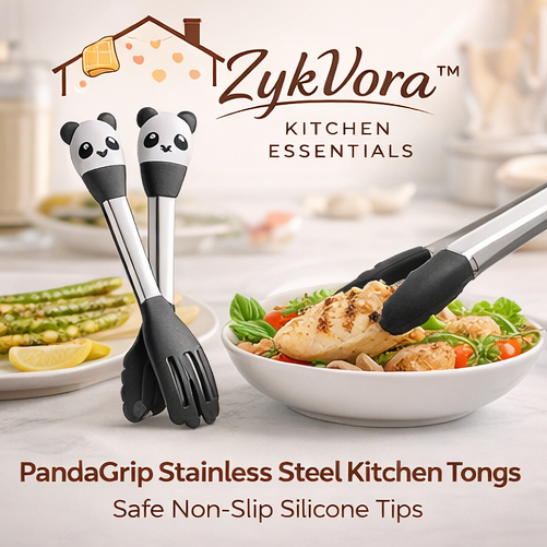 ZykVora™ PandaGrip Kitchen Tongs – Stainless Steel Cooking Tongs with Silicone Tips | BBQ, Salad, Frying & Serving Tongs