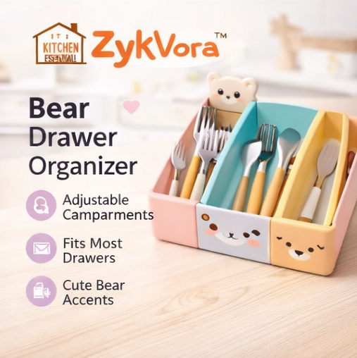 ZykVora™ Bear Drawer Utensil Organizer Tray – Adjustable Kitchen Cutlery Divider with Cute Animal Design