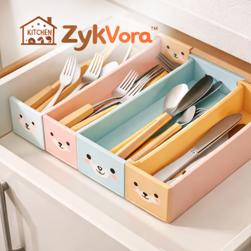 ZykVora™ Bear Drawer Utensil Organizer Tray – Adjustable Kitchen Cutlery Divider with Cute Animal Design